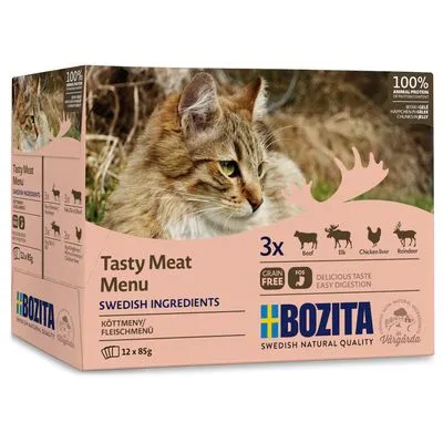 Bozita Tasty Meat Menu, 12 x 85 g, składniki szwedzkie, 100% białka zwierzęcego, bez zbóż, smaki: wołowina, łoś, kurczak, renifer. Opakowanie z wizerunkiem kota.