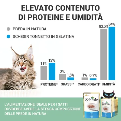 Grafico a barre: confronto tra preda in natura e Schesir Tonnetto in gelatina per proteine, grassi, carboidrati, umidità. Testo: 'Elevato contenuto di proteine e umidità'. Immagine confezioni Schesir.