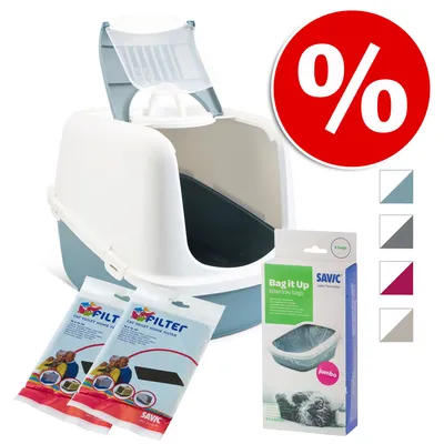 Savic zatvoreni WC za mačke s prozirnim vratima, dva paketa Cat Toilet Home Filter i kutija Bag it Up vrećica, prikaz četiri boje i simbol popusta.