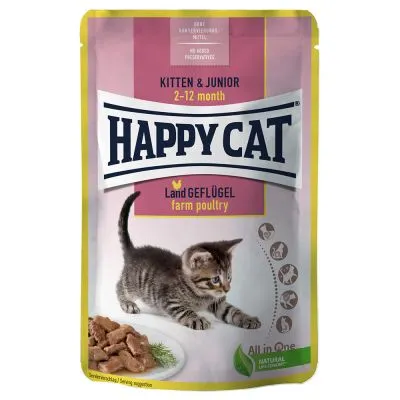 Happy Cat Kitten & Junior 2–12 month Land Geflügel farm poultry, immagine di un gattino e bocconcini su piatto, testo All in One Natural Life Concept visibile sulla confezione.