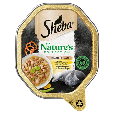 Sheba Nature's Collection In Sauce, s kuracím mäsom a červenou paprikou, obrázok porcie jedla a mačky na obale. Text v nemčine, francúzštine a angličtine.