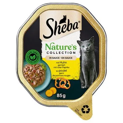 Sheba Nature's Collection kattenvoer in saus, met kip en rode paprika, 85g. Verpakking toont productnaam, ingrediënten en recycle-symbool.