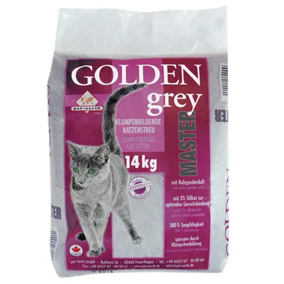 Golden Grey Master kissanhiekka, paakkuuntuva, 14 kg. Pakkauksessa harmaa kissa ja teksti: lump forming cat litter, mit Babypuderduft, 3 % Silikat, 380 % Saugfähigkeit.
