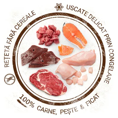 Felii de carne, pește și ficat. Text vizibil: „Rețetă fără cereale”, „Uscate delicat prin congelare”, „100% carne, pește & ficat”.
