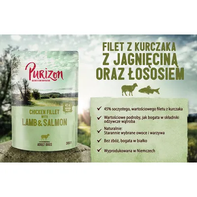 Purizon Chicken Fillet with Lamb & Salmon, filet z kurczaka z jagnięciną i łososiem, 45% filet z kurczaka, bez zbóż, bogata w białko, wyprodukowana w Niemczech, 300 g