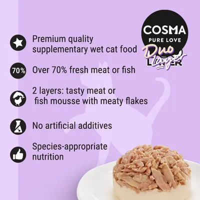 Premium quality supplementary wet cat food with over 70% fresh meat or fish, two layers of mousse and flakes, no artificial additives, and species-appropriate nutrition.