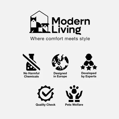 Modern Living. Where comfort meets style. No Harmful Chemicals, Designed in Europe, Developed by Experts, Quality Check, Pets Welfare. Texto en inglés.
