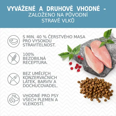 Vyvážené a druhově vhodné krmivo: min. 40 % čerstvého masa, bezobilná receptura, bez umělých konzervantů, vhodné pro psy všech plemen a velikostí. Založeno na stravě vlků.