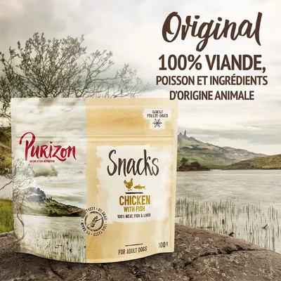 Purizon Snacks Chicken with Fish, 100 g. Texte visible : Original, 100% viande, poisson et ingrédients d’origine animale, gently freeze-dried, for adult dogs, 100% meat, fish & liver.