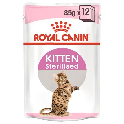 Sachet Royal Canin Kitten Sterilised, 85 g x12, avec image d’un chaton tigré. Texte visible : KITTEN Sterilised.