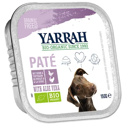 Yarrah Bio-Organic Paté with aloe vera, grain free recipe, 150g. Text: mit Huhn & Truthahn, BIO ORGANIC, pure food, care for all animals, for a better planet. Dog image on pack.
