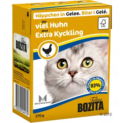 Bozita Feline, 370 g, komadići u želeu s piletinom, 93 % mesa u komadićima, FSC oznaka, slika mačke na pakiranju. Tekst: Häppchen in Gelee, Mit viel Huhn, Extra Kyckling.