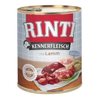 Konzerva Rinti Kennerfleisch mit Lamm, prikaz mesa na etiketi. Tekst: getreidefrei, fleisch pur, ohne kohlenhydrate, zusammensetzung verfeinert.