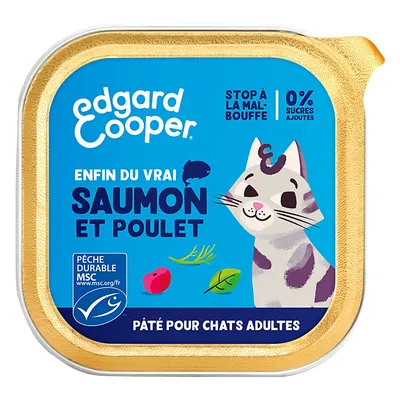 Edgard Cooper paté voor volwassen katten, echte zalm en kip, 0% toegevoegde suikers, MSC-gecertificeerde duurzame visserij.