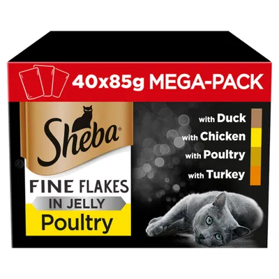 40 x 85g mega-pack of fine flakes in jelly with duck, chicken, poultry and turkey. Includes image of a cat and colour-coded flavour chart.