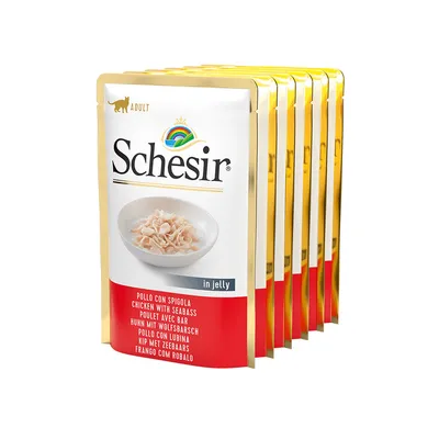 Pack de sobres Schesir Adult Pollo con lubina in jelly. Texto visible: pollo con spigola, chicken with seabass, poulet avec bar, pollo con lubina.