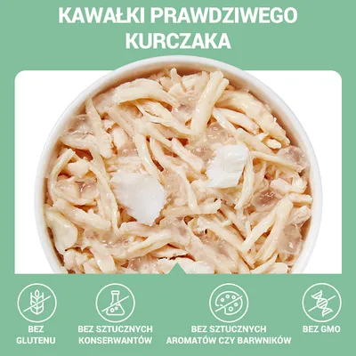 KAWAŁKI PRAWDZIWEGO KURCZAKA. Bez glutenu, bez sztucznych konserwantów, bez sztucznych aromatów czy barwników, bez GMO.