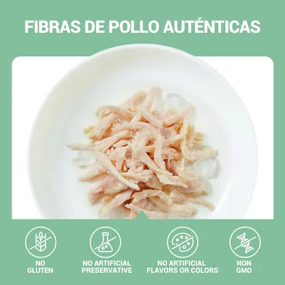 Fibras de pollo auténticas en plato blanco. Texto en inglés: no gluten, no artificial preservative, no artificial flavors or colors, non GMO.