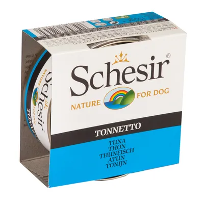 Schesir Nature for Dog, Thunfisch. Verpackung mit mehrsprachiger Beschriftung: Tuna, Thon, Thunfisch, Atún, Tonijn.
