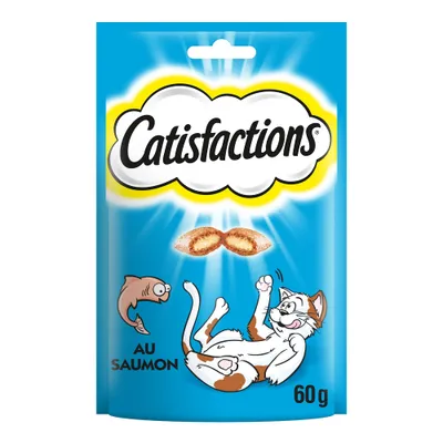 Sachet Catisfactions au saumon, 60 g, avec illustration de croquettes, d’un chat et d’un poisson. Texte visible : « Catisfactions », « au saumon », « 60 g ».