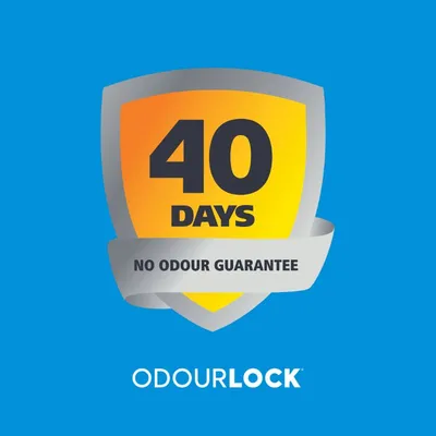 40 DAYS NO ODOUR GUARANTEE, ODOURLOCK felirat látható. Az angol szöveg a szagmentesség 40 napos garanciáját jelzi.