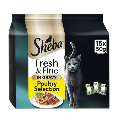 Sheba Fresh & Fine in Gravy Poultry Selection, 15 packs of 50g each, shown with image of food and three individual sachets.