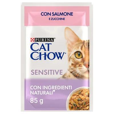 Purina Cat Chow Sensitive met zalm en courgette, 85 g. Met natuurlijke ingrediënten.