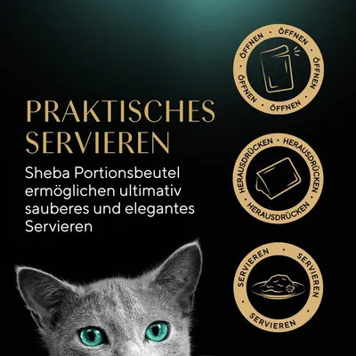 Texte en allemand : Praktisches Servieren. Sheba Portionsbeutel ermöglichen ultimativ sauberes und elegantes Servieren. Icônes avec Öffnen, Herausdrücken, Servieren.