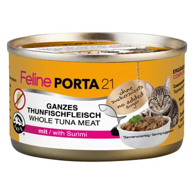 Feline Porta 21, Ganzes Thunfischfleisch, Whole Tuna Meat, mit Surimi. Brez dodanega sladkorja (ohne Zuckerzusatz). Slika mačke in sklede hrane na embalaži.