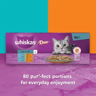 Whiskas Duo Surf & Turf in jelly, 80 portions. Includes chicken, turkey, cod, tuna, beef and salmon flavours. Text: 80 purr-fect portions for everyday enjoyment.