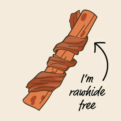 Illustration of a chew stick with text stating 'I'm rawhide free', indicating the product does not contain rawhide.
