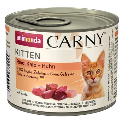 Boîte Animonda Carny Kitten Rind, Kalb + Huhn. Texte visible : 100% frische Zutaten, Ohne Getreide, Made in Germany. Viande de bœuf, veau et poulet illustrée sur l’étiquette.