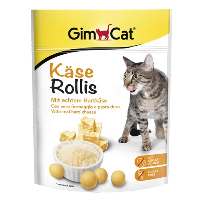 GimCat Käse Rollis med ægte hård ost. Uden tilsat sukker, kornfri. Pakken viser ostetern, revet ost, gule kugler og en kat.