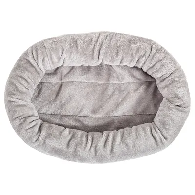 Oval-shaped, plush grey pet bed with raised padded sides and a soft inner surface, shown from above to display the sleeping area.