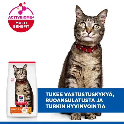 Hill's Science Plan Adult 1-6 kissanruoka ActivBiome+ Multi Benefit. Tukee vastustuskykyä, ruoansulatusta ja turkin hyvinvointia. Hill's Science Plan Adult 1-6 kissanruoka ActivBiome+ Multi Benefit. Tukee vastustuskykyä, ruoansulatusta ja turkin hyvinvointia.