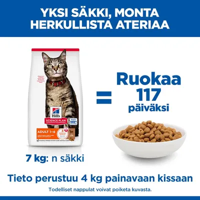 Hill's Science Plan Adult 1-6, 7 kg säkki riittää 117 päivän ruoaksi 4 kg painoiselle kissalle. Kuvassa näkyy ruokasäkki ja kulho, jossa on kuivaruokaa.