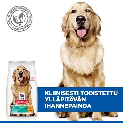 Hill's Science Plan Perfect Weight -koiranruoka. Merkki: Ei keinotekoisia säilöntäaineita, värejä tai aromeja. Teksti: Kliinisesti todistettu ihannepainon ylläpitämiseen. Hill's Science Plan Perfect Weight -koiranruoka. Merkki: Ei keinotekoisia säilöntäaineita, värejä tai aromeja. Teksti: Kliinisesti todistettu ihannepainon ylläpitämiseen.