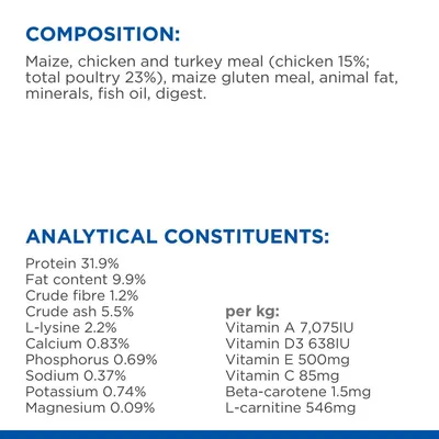 Composition: maize, chicken and turkey meal, maize gluten meal, animal fat, minerals, fish oil, digest. Analytical constituents: protein 31.9%, fat 9.9%, vitamins A, D3, E, C per kg.