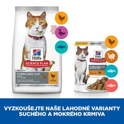 Hill's Science Plan Sterilised Cat Adult s kuřetem, balení suchého a mokrého krmiva pro kočky, zobrazené varianty s kuřetem, kachnou, rybou. Text: VYZKOUŠEJTE NAŠE LAHODNÉ VARIANTY SUCHÉHO A MOKRÉHO KRMIVA.