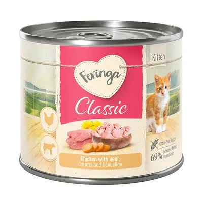 Boîte Feringa Classic pour chaton, saveur poulet et veau avec carottes et pissenlit, 69 % ingrédients d’origine animale, sans céréales, image de chaton sur l’étiquette.