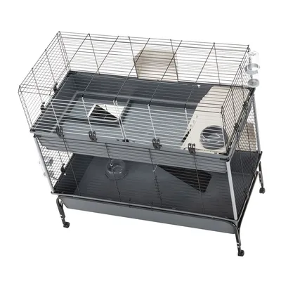 Two-storey metal cage with mesh walls, plastic floors and ramp. Integrated water bottle and food bowl visible.