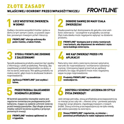 ZŁOTE ZASADY WŁAŚCIWEJ OCHRONY PRZECIWPASOŻYTNICZEJ FRONTLINE: 1. Lecz wszystkie zwierzęta w domu, 2. Dobierz dawkę do masy ciała, 3. Stosuj zgodnie z zaleceniami, 4. Nie kąp przed i po aplikacji, 5. Przestrzegaj schematu leczenia, 6. Dostosuj schemat do stylu życia.