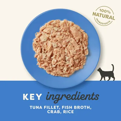 100% natural ingredients. Key ingredients: tuna fillet, fish broth, crab, rice. Tekst w języku angielskim.