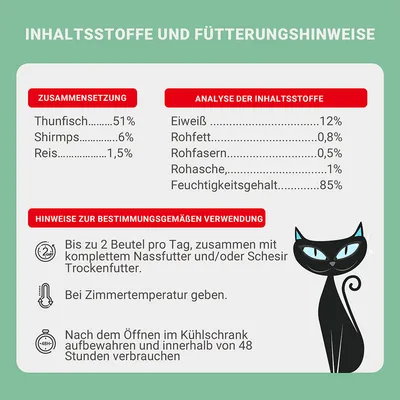 Sestava: tuna 51 %, kozice 6 %, riž 1,5 %. Analiza: beljakovine 12 %, surove maščobe 0,8 %, surove vlaknine 0,5 %, surovi pepel 1 %, vlaga 85 %. Navodila za hranjenje: do 2 vrečki na dan.