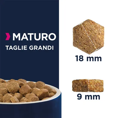 Crocchette per cani, scritta 'Maturo taglie grandi', dimensioni visibili: 18 mm di diametro e 9 mm di spessore, ciotola piena di crocchette.