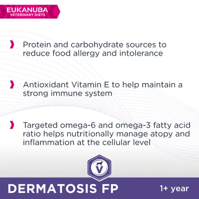 EUKANUBA VETERINARY DIETS. DERMATOSIS FP 1+ year. Protein- en koolhydraatbronnen, antioxidant vitamine E, omega-6 en omega-3 vetzuren. Tekst in het Engels.