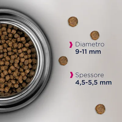 Crocchette in ciotola con testo: Diametro 9–11 mm, Spessore 4,5–5,5 mm.
