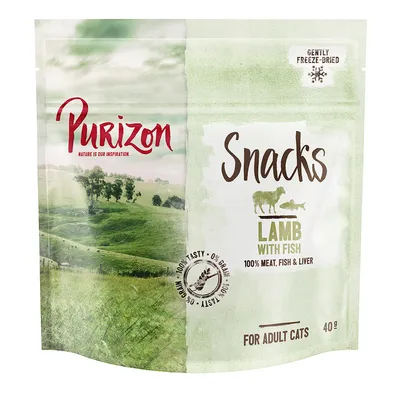Purizon Snacks Lamb with Fish, 100% meat, fish & liver, for adult cats, 40 g. Gently freeze-dried. 0% grain, 100% tasty. Nature is our inspiration.