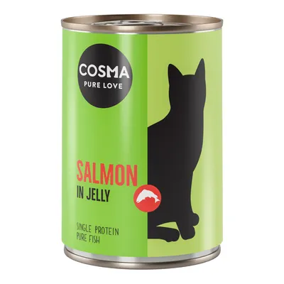Boîte Cosma Pure Love, Salmon in Jelly, Single Protein Pure Fish. Silhouette de chat noire sur fond vert. Texte en anglais visible sur l’emballage.