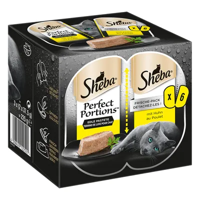 Sheba Perfect Portions Edle Pastete, 6 porcií, s kuracím mäsom. Balenie 3 x 2 × 37,5 g = 225 g. Obrázok mačky a paštéty na tanieri. Viditeľné pokyny na otvorenie balenia.